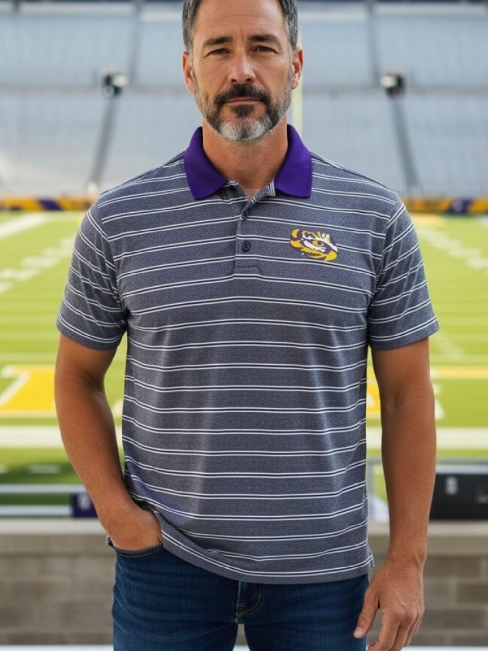 NEW LSU Tigers Collegiate Polo Shirt Men’s XL purple striped Tiger Eye Logo NWT